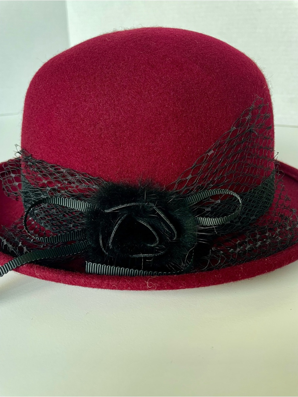 Vintage Burgundy Wool Felt Cloche Bowler Hat Fur & Leather Flower & Ribbon Trim